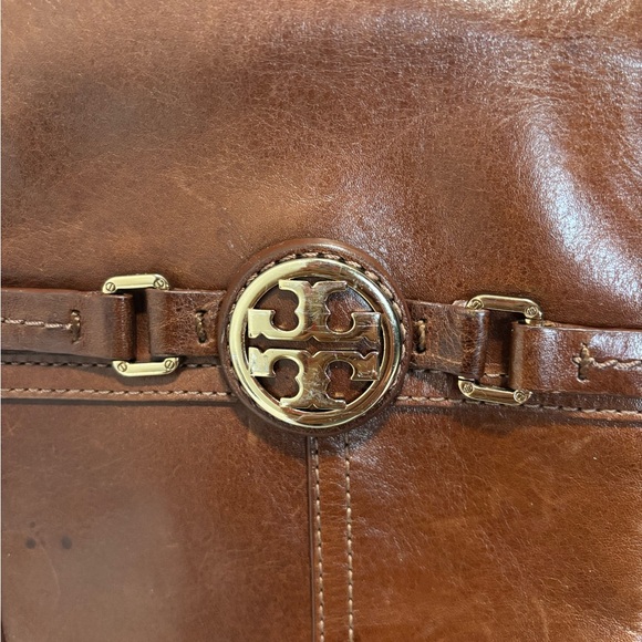 Tory Burch Riding Boots Brown Leather Gold Logo Tall Boots 6.5M - Picture 2 of 15